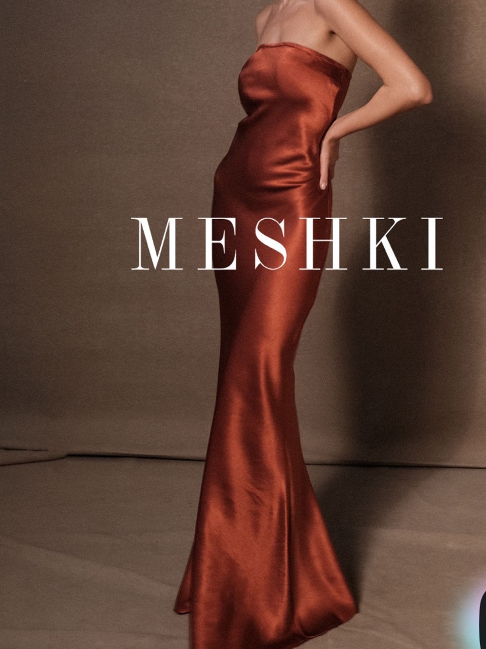 Meshki Claudette Strapless Satin Maxi Dress bronze party gown fall $120 formal